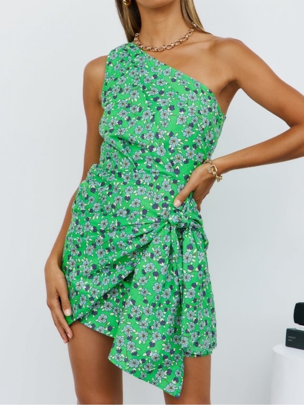 Hello Molly Rejuvenate Dress Green Floral One Shoulder Wrap Mini Dress Sz 8